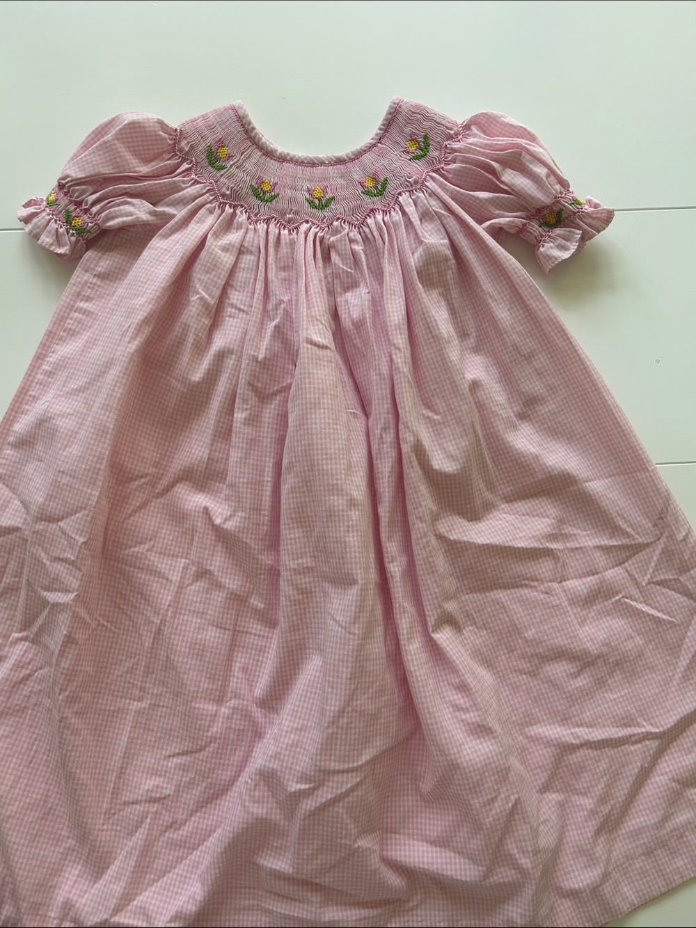 Kelly's Kids Pink Gingham Smocked Dress with Floral Embroidery